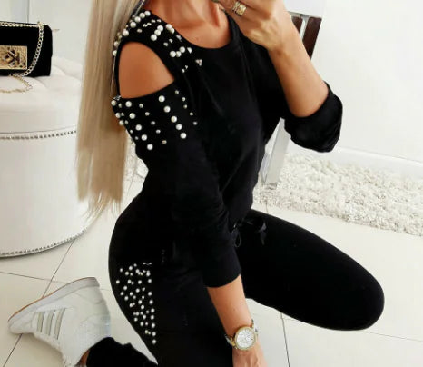 Women's Fashion Mesh Lace Beaded Long Sleeve Top