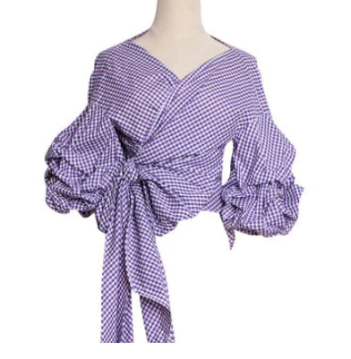 Long Sleeve Checkered Off-Shoulder Bow Top for Women