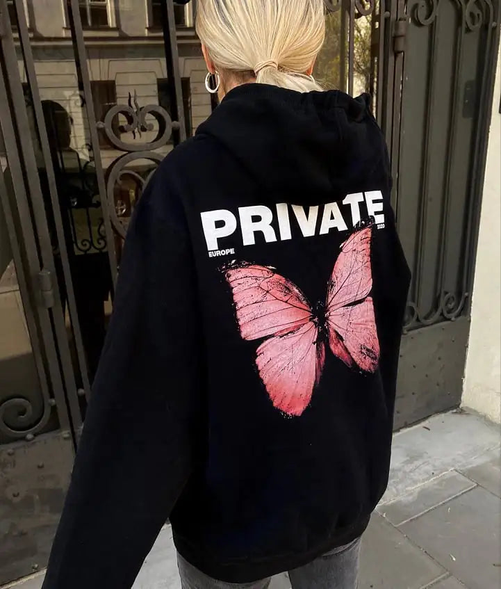 Butterfly Print Black Long-sleeved Harajuku Pullover