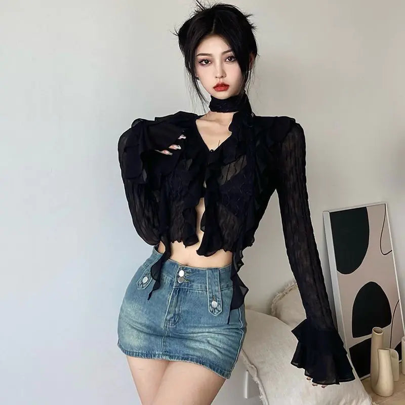 Floral Shirt, Layering Top, High Neck Lace Blouse