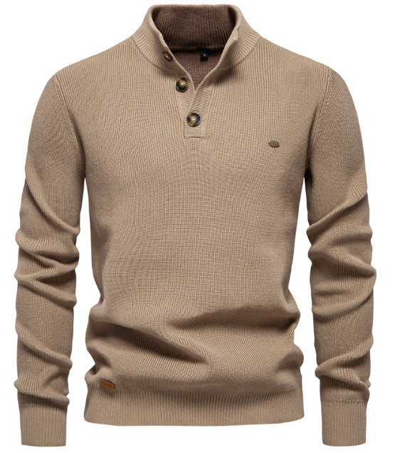 Men's Zipper Stand Collar Knitted Sweater Fashion Slim Solid Color Long Sleeve Half Turtleneck Top Men's Clothing