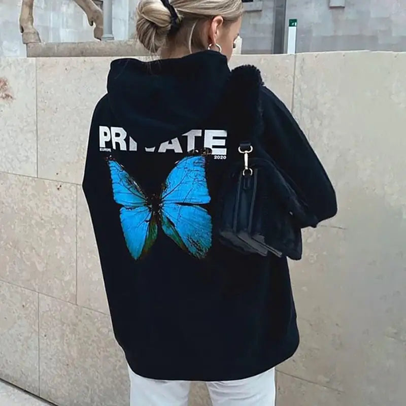 Butterfly Print Black Long-sleeved Harajuku Pullover