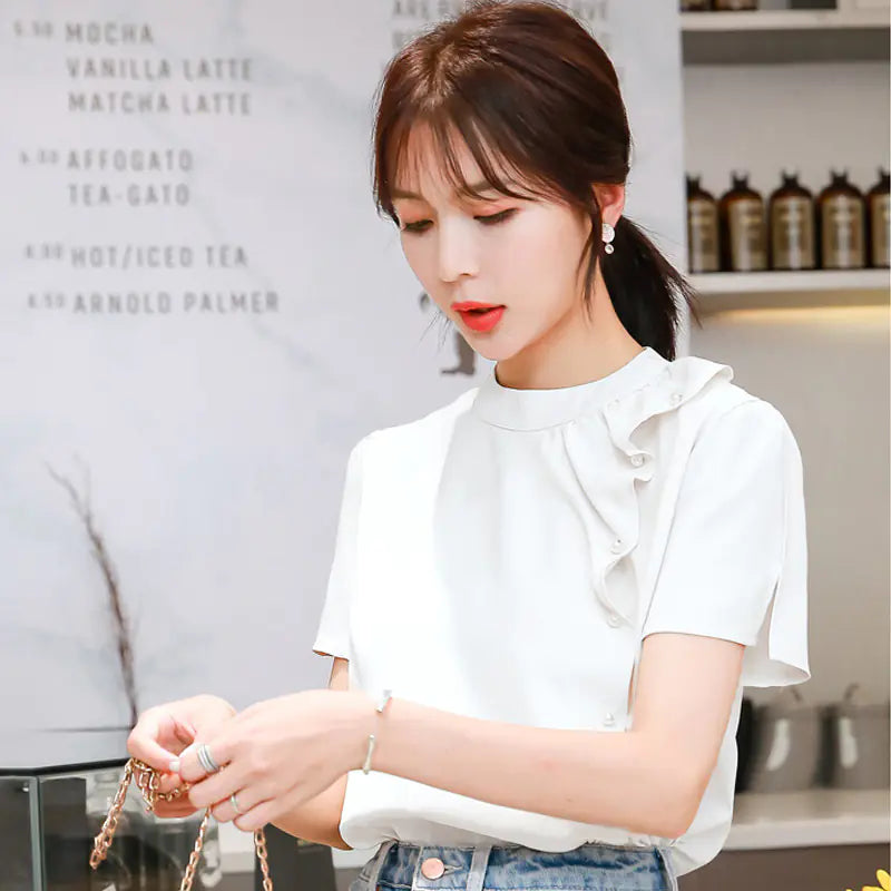 Chiffon Top for Women with Ruffled Short Sleeves