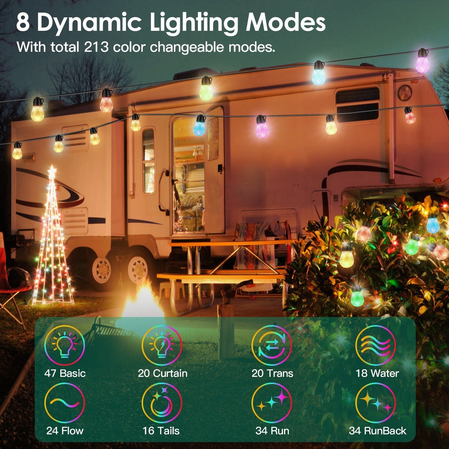 52.5FT Colorful Outdoor String Lights Smart RGB LED Patio Lights IP66 Waterproof Dimmable Hanging Light Bulbs With APP Remote Control 15 Bulbs