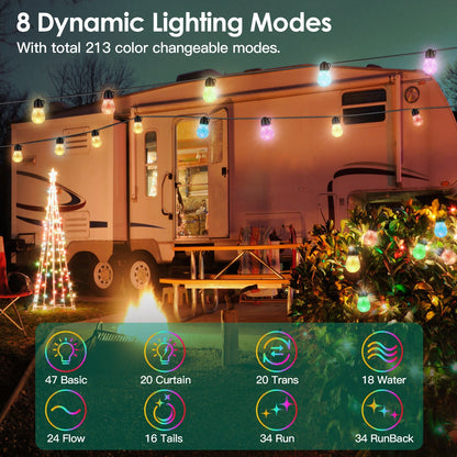 52.5FT Colorful Outdoor String Lights Smart RGB LED Patio Lights IP66 Waterproof Dimmable Hanging Light Bulbs With APP Remote Control 15 Bulbs