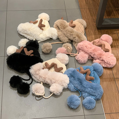 Korean Style Cute Deer Horn Fur Ball Ear Protection Plush Bonnet Christmas Thickened Cycling Cap