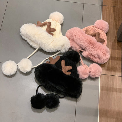 Korean Style Cute Deer Horn Fur Ball Ear Protection Plush Bonnet Christmas Thickened Cycling Cap