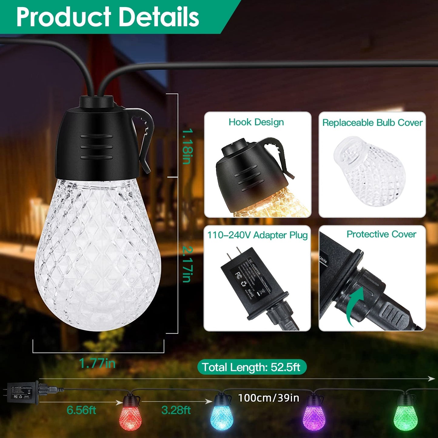 52.5FT Colorful Outdoor String Lights Smart RGB LED Patio Lights IP66 Waterproof Dimmable Hanging Light Bulbs With APP Remote Control 15 Bulbs