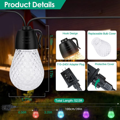 52.5FT Colorful Outdoor String Lights Smart RGB LED Patio Lights IP66 Waterproof Dimmable Hanging Light Bulbs With APP Remote Control 15 Bulbs