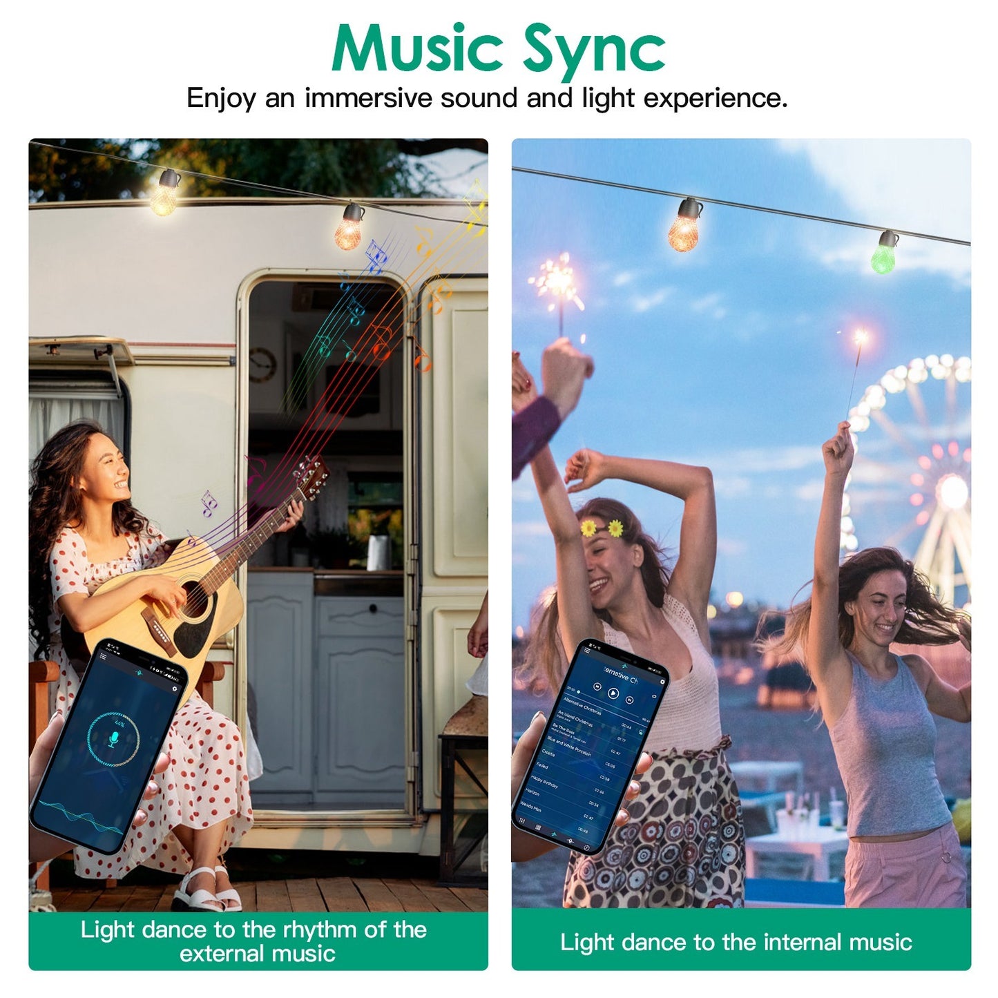 52.5FT Colorful Outdoor String Lights Smart RGB LED Patio Lights IP66 Waterproof Dimmable Hanging Light Bulbs With APP Remote Control 15 Bulbs