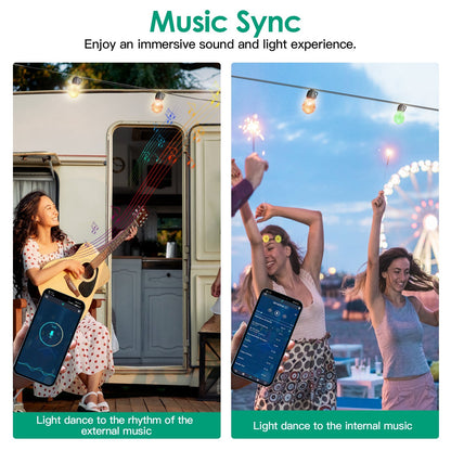 52.5FT Colorful Outdoor String Lights Smart RGB LED Patio Lights IP66 Waterproof Dimmable Hanging Light Bulbs With APP Remote Control 15 Bulbs