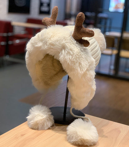 Korean Style Cute Deer Horn Fur Ball Ear Protection Plush Bonnet Christmas Thickened Cycling Cap