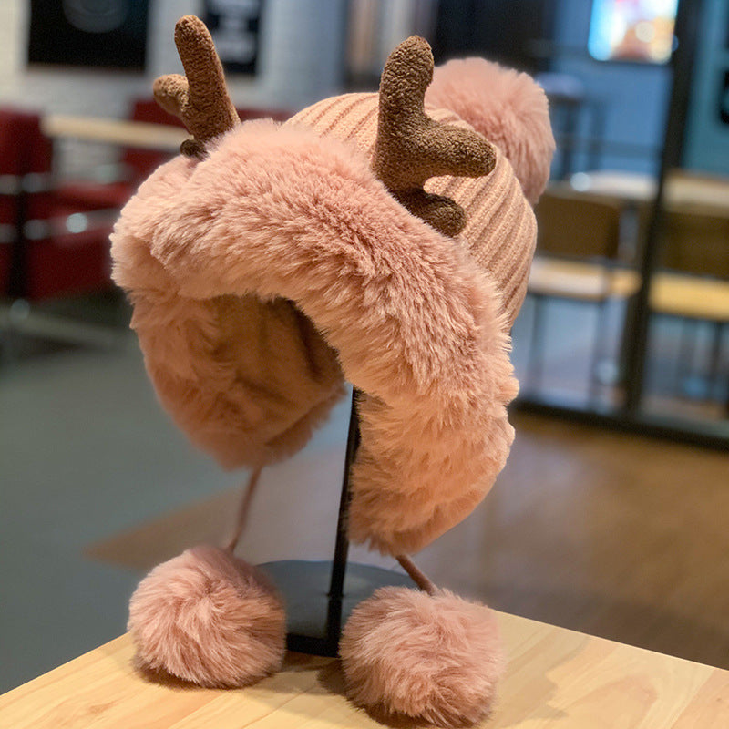 Korean Style Cute Deer Horn Fur Ball Ear Protection Plush Bonnet Christmas Thickened Cycling Cap