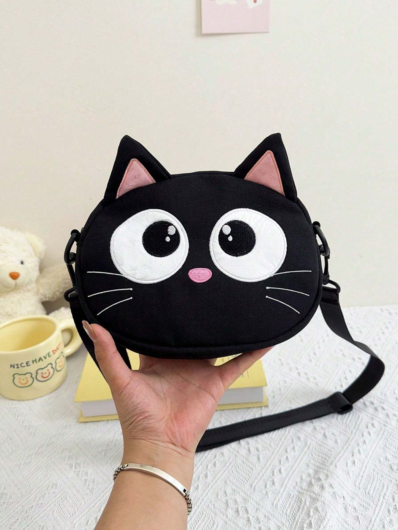 New Cute Cartoon Shoulder Bag Big Eyed Black Cat Messenger Bag For Women  And Versatile Student Storage Coin Purse Bag
