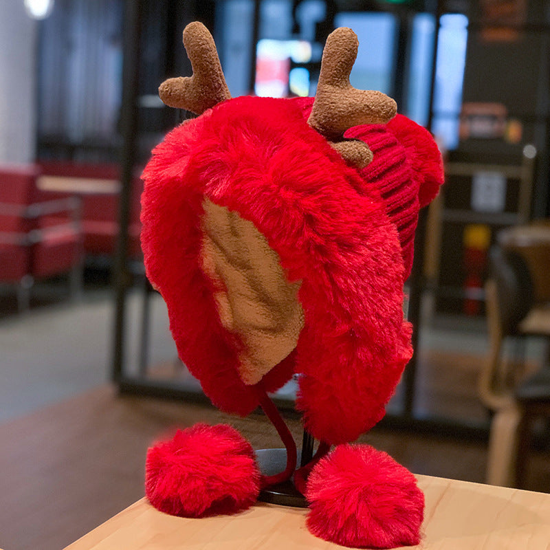 Korean Style Cute Deer Horn Fur Ball Ear Protection Plush Bonnet Christmas Thickened Cycling Cap