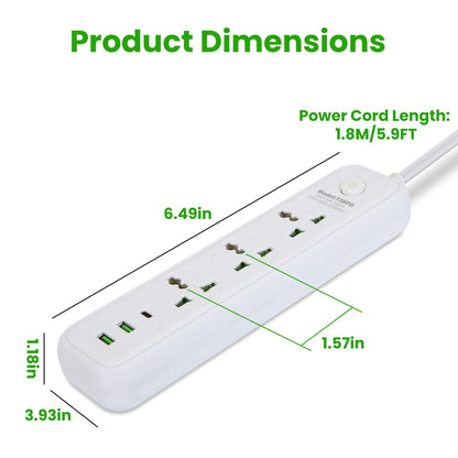 1Pc Power Strip With 6FT Extension Cord 3 AC Outlets And 2 USB A Ports 1 USB C Port 2500W Wall Mount Outlet Extender For Home Office Dorm Travel
