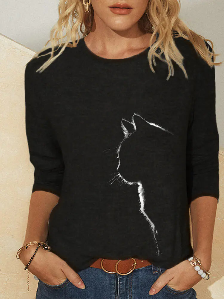 Knit Long Sleeve Animal Print Casual Women's T-Shirt