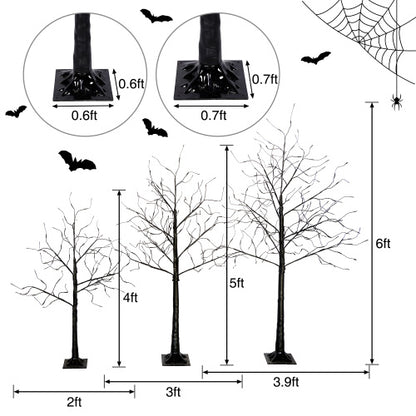 3 Pac Halloween Spooky Tree With Purple Lights, 4FT 5FT And 6FT, Lighted Black Tree For Halloween Decoration