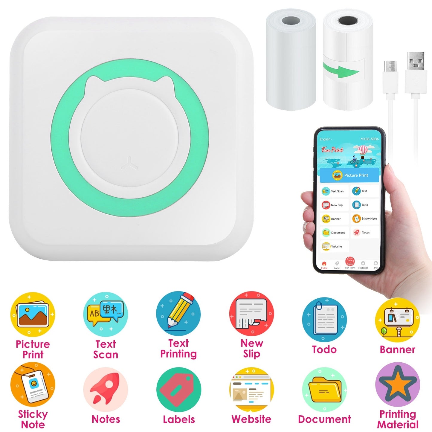 Mini Printer - Printer Paper 'Options' -- Pocket Wireless Thermal Printer Portable Mini Sticker Maker Machine Rechargeable Inkless Photo Printer For Printing Label Journal Study Notes Memo Photos