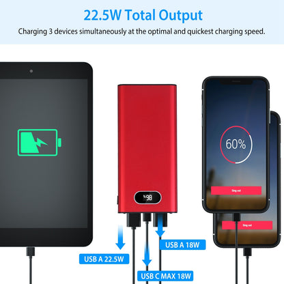 Green-Black-Red Color Options -- 1Pc 20000Mah Power Bank Portable Charger External Battery Pack 22.5W Super Fast Charging With LED Display Flashlight Fit For IOS Phone
