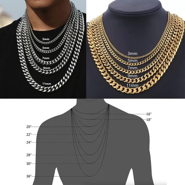 Stainless Steel Gold Silver Chain Cuban Curb Womens Mens Necklace