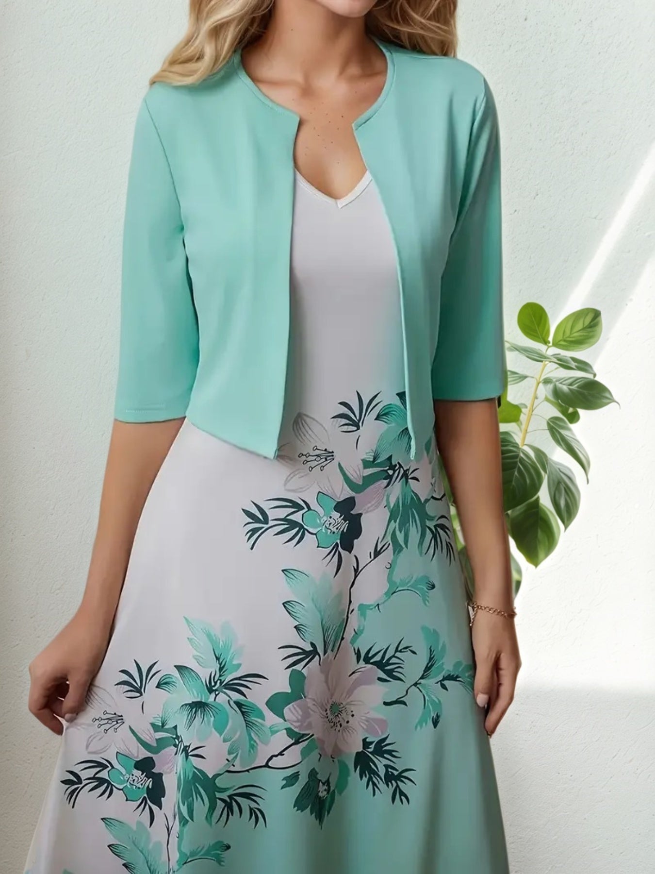 2025 New Women's Round Neck Printed Dress Set, Solid Color Long Sleeve Cardan Printed Tank Top Dress Set