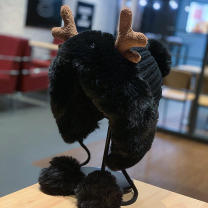 Korean Style Cute Deer Horn Fur Ball Ear Protection Plush Bonnet Christmas Thickened Cycling Cap