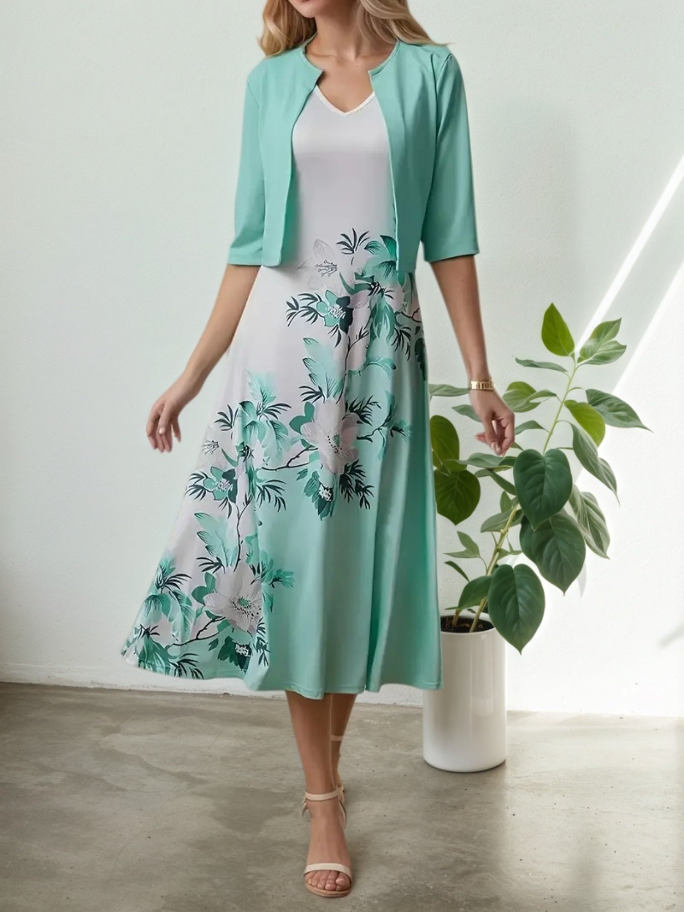 2025 New Women's Round Neck Printed Dress Set, Solid Color Long Sleeve Cardan Printed Tank Top Dress Set