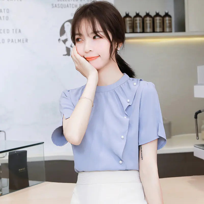 Chiffon Top for Women with Ruffled Short Sleeves