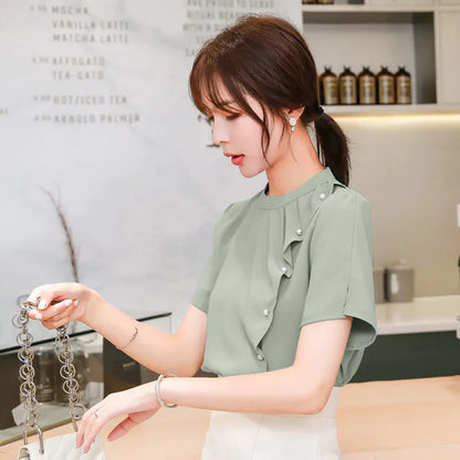 Chiffon Top for Women with Ruffled Short Sleeves
