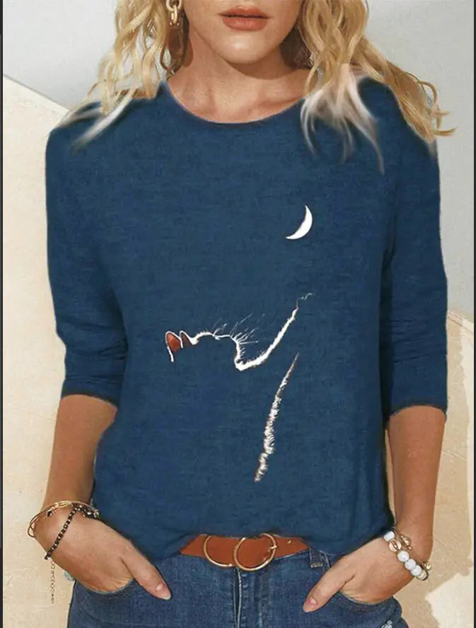 Knit Long Sleeve Animal Print Casual Women's T-Shirt