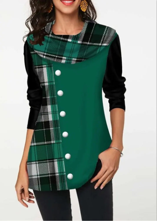 Plaid Button Sweatshirt with Long Sleeve T-Shirt