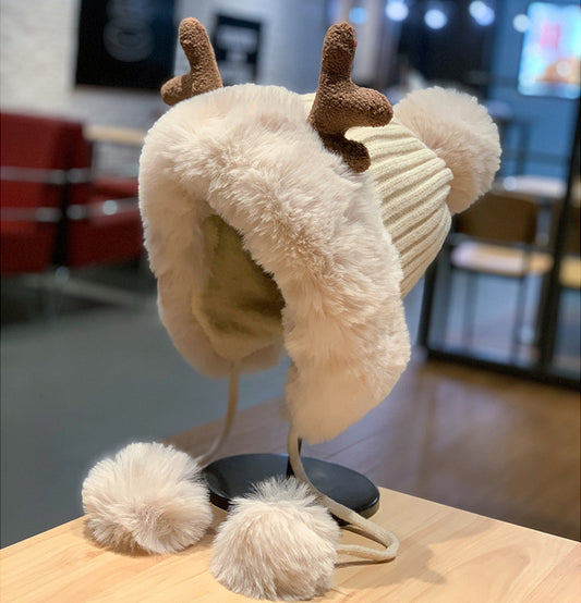 Korean Style Cute Deer Horn Fur Ball Ear Protection Plush Bonnet Christmas Thickened Cycling Cap
