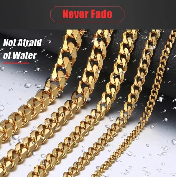 Stainless Steel Gold Silver Chain Cuban Curb Womens Mens Necklace