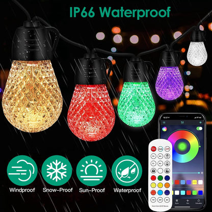 52.5FT Colorful Outdoor String Lights Smart RGB LED Patio Lights IP66 Waterproof Dimmable Hanging Light Bulbs With APP Remote Control 15 Bulbs