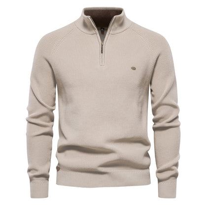 Men's Zipper Stand Collar Knitted Sweater Fashion Slim Solid Color Long Sleeve Half Turtleneck Top Men's Clothing