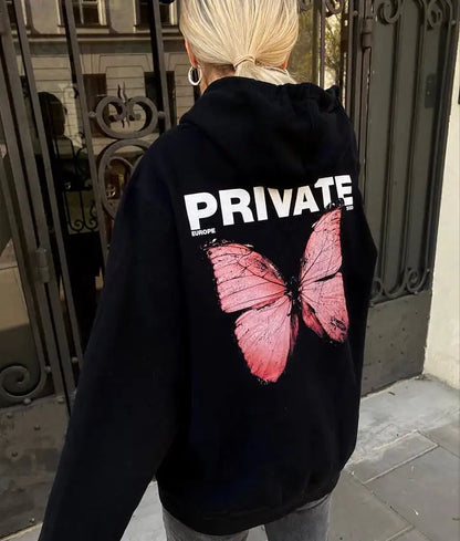 Butterfly Print Black Long-sleeved Harajuku Pullover