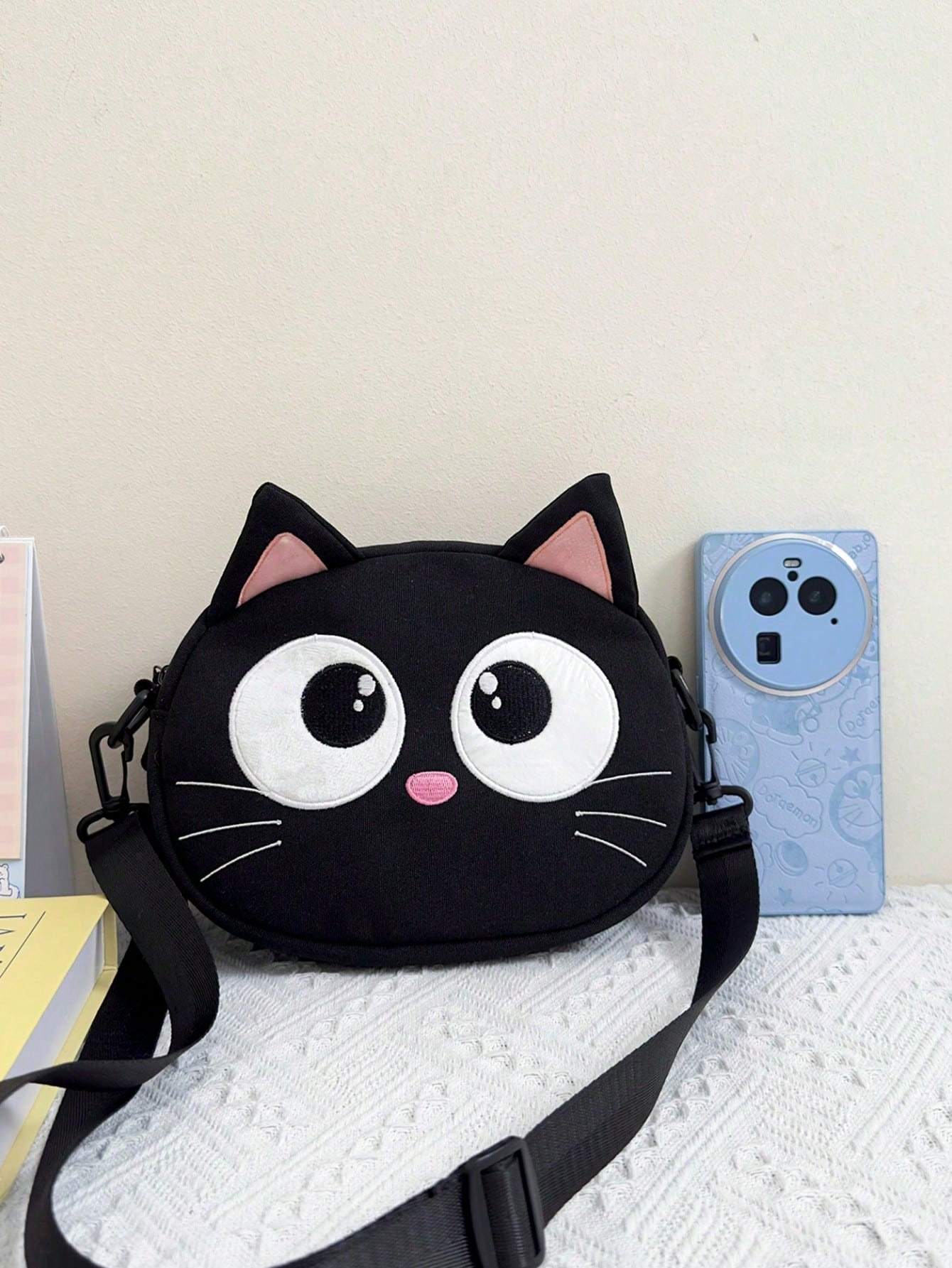 New Cute Cartoon Shoulder Bag Big Eyed Black Cat Messenger Bag For Women  And Versatile Student Storage Coin Purse Bag