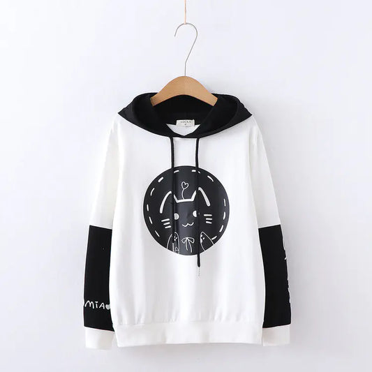 Japanese Style Cartoon Printed Hooded Sweatshirt for Women