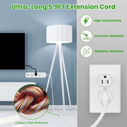 1Pc Power Strip With 6FT Extension Cord 3 AC Outlets And 2 USB A Ports 1 USB C Port 2500W Wall Mount Outlet Extender For Home Office Dorm Travel