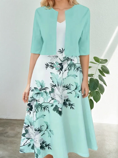 2025 New Women's Round Neck Printed Dress Set, Solid Color Long Sleeve Cardan Printed Tank Top Dress Set