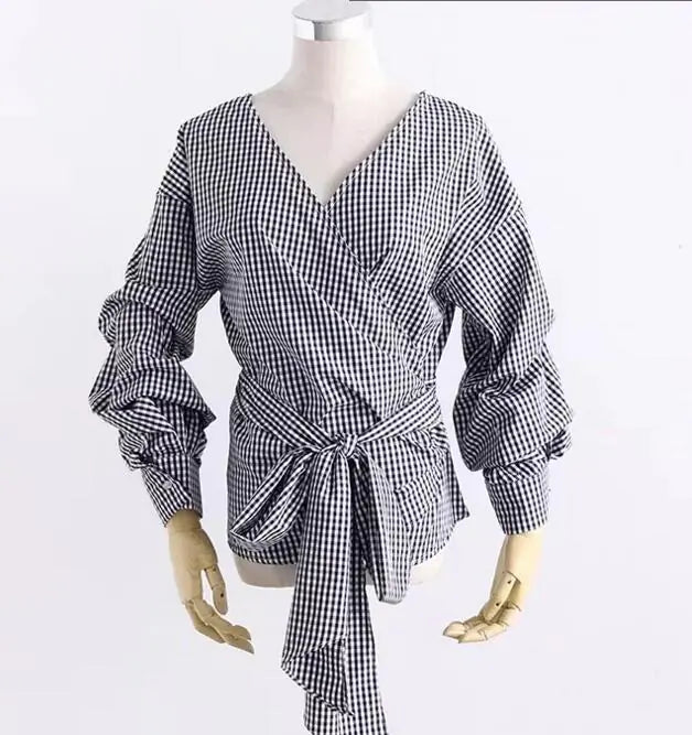 Long Sleeve Checkered Off-Shoulder Bow Top for Women