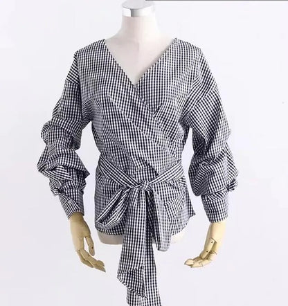 Long Sleeve Checkered Off-Shoulder Bow Top for Women