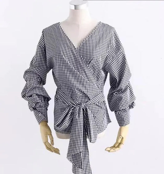 Long Sleeve Checkered Off-Shoulder Bow Top for Women