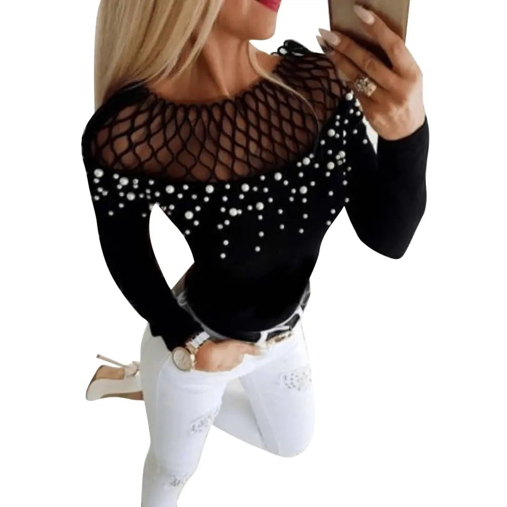 Women's Fashion Mesh Lace Beaded Long Sleeve Top