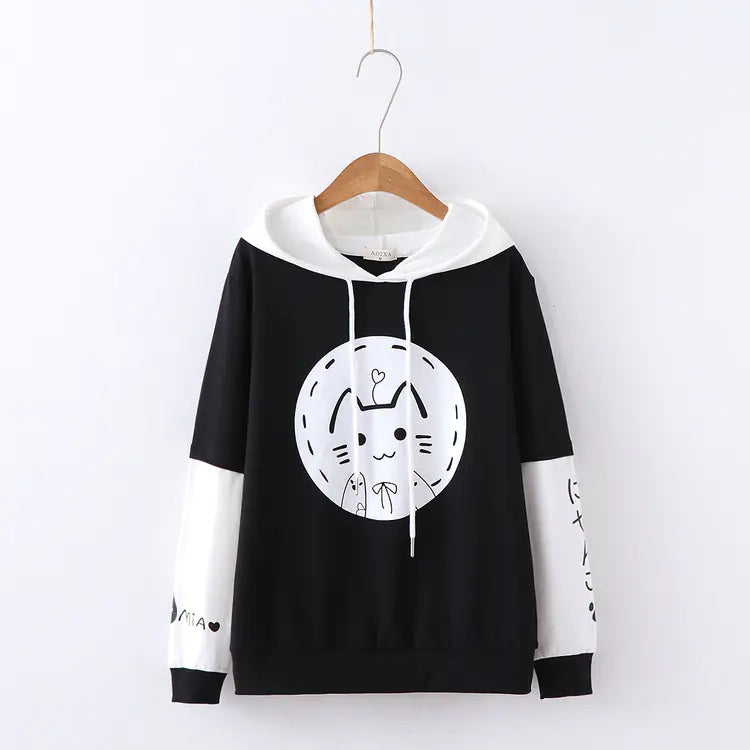 Japanese Style Cartoon Printed Hooded Sweatshirt for Women