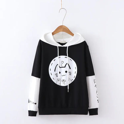 Japanese Style Cartoon Printed Hooded Sweatshirt for Women