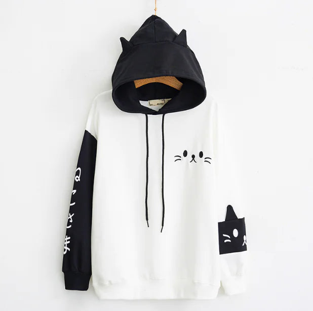 Japanese Style Cartoon Printed Hooded Sweatshirt for Women