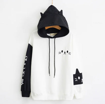 Japanese Style Cartoon Printed Hooded Sweatshirt for Women