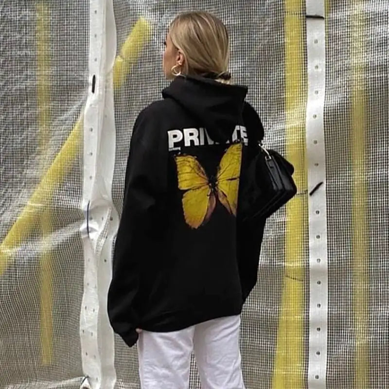 Butterfly Print Black Long-sleeved Harajuku Pullover